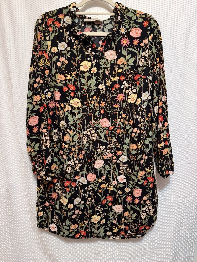 Loft Women’s Black and Floral Long Sleeve Tunic Shift Dress, Size Medium