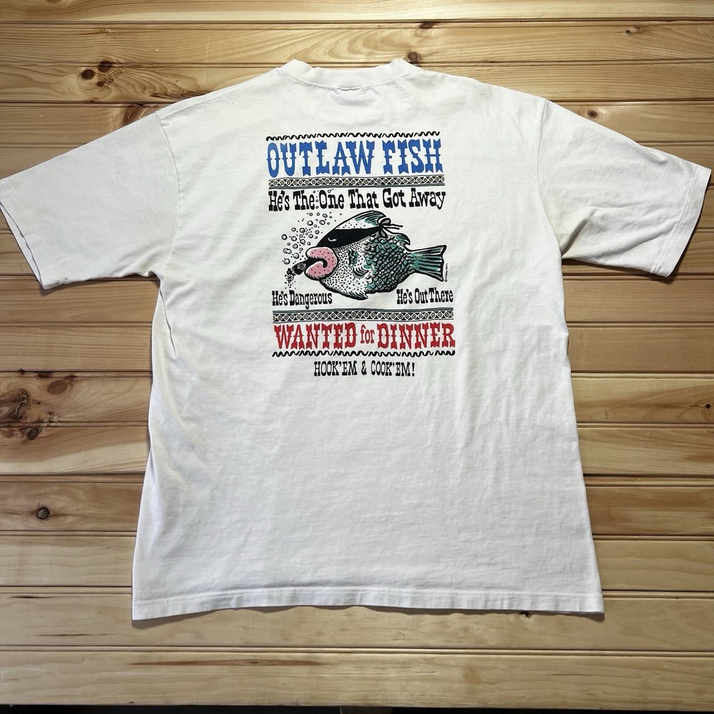 Vintage 90s Outlaw Fish Cartoon “WANTED” For Dinner Shirt Size Large