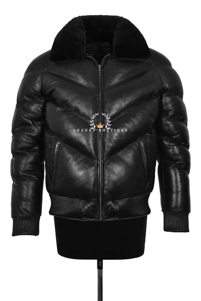 Black Lambskin Leather Puffer Bomber Jacket for Men – Ace Designer Fashion-image