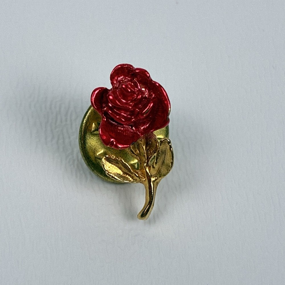 Red Rose Lapel Pin Gold Tone Small Enamel Flower Brooch Costume Jewelry