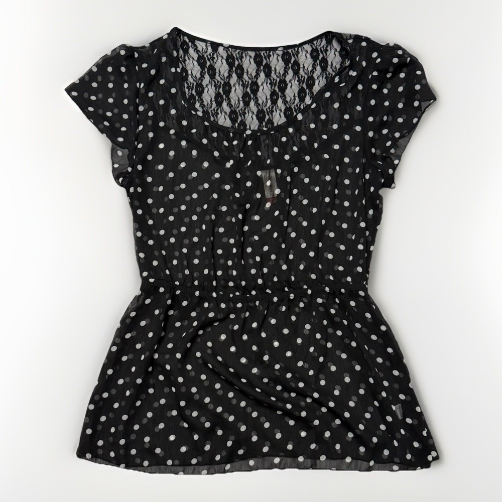 No Boundaries Black Polka Dot Ruffle Sleeve Short Blouse Women’s Size L