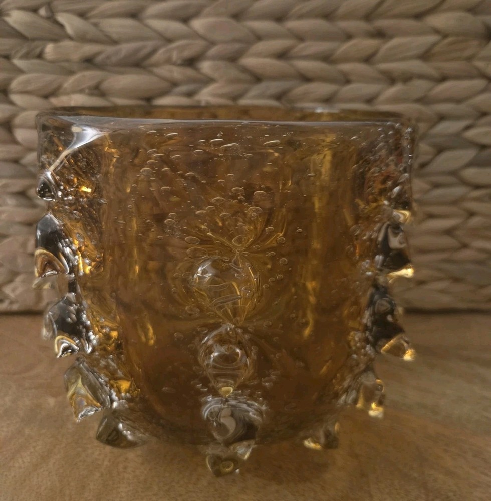 Brutalist Spiked Bullicante Italian Amber Blown Glass Vase Bowl 6.5” MCM Brown