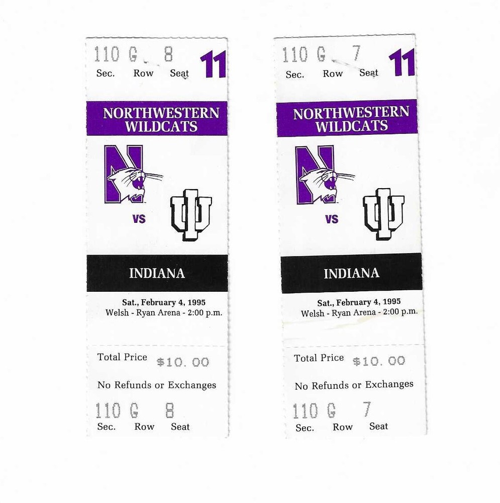 Northwestern University vs Indiana Basketball Ticket Stubs From 2/4/1995