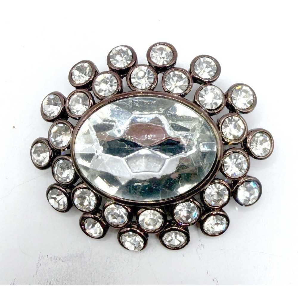 Vintage Glass Rhinestone Brooch Halo Oval Silver Tone Statement Pin