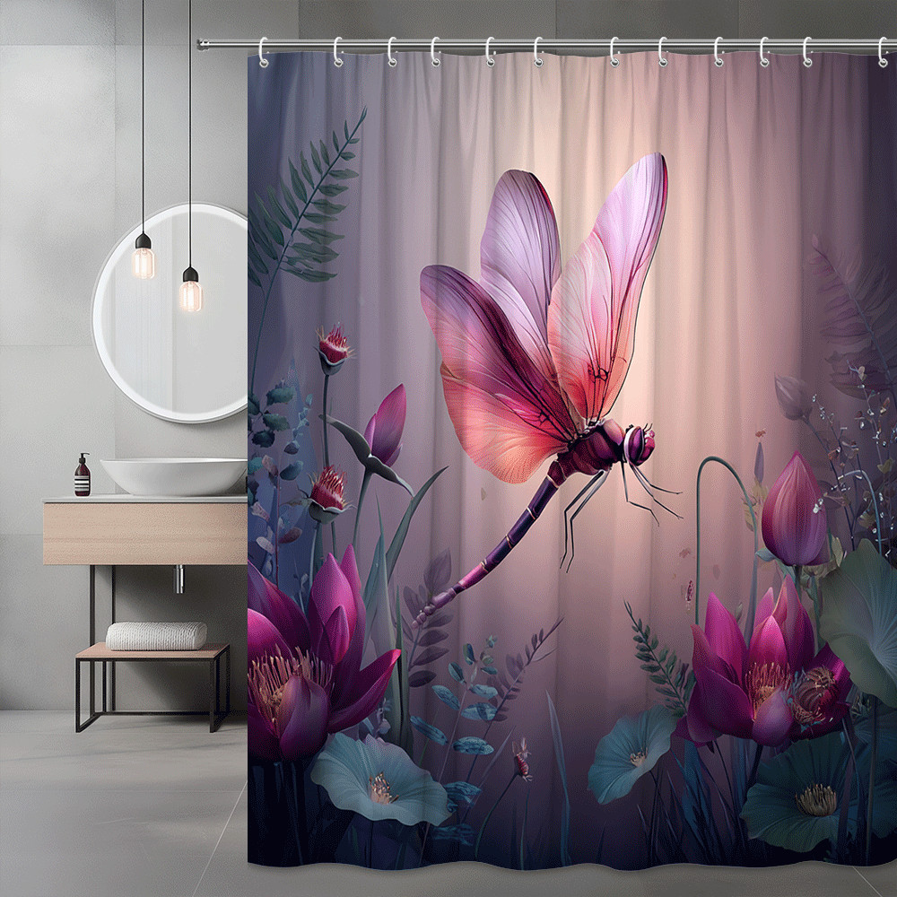 Dragonfly Floral Shower Curtain Pink Purple Botanical Print