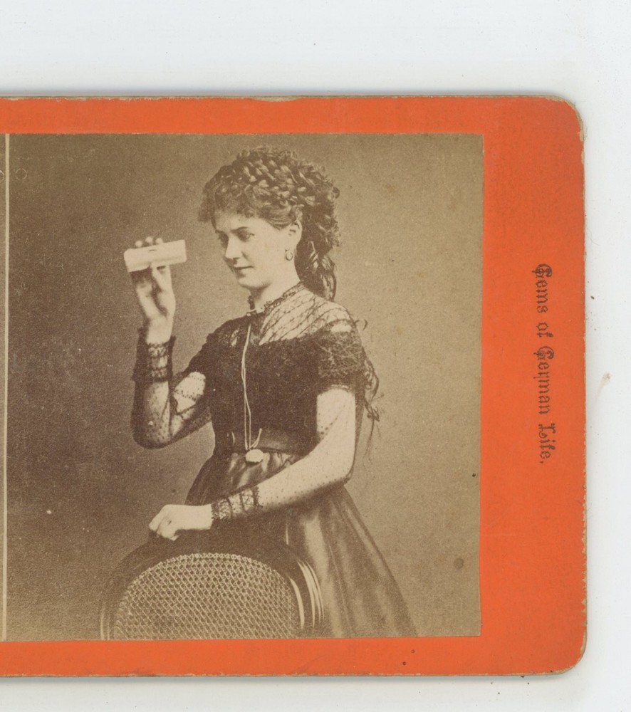 Woman standing By Chair Gems of German Life Genre Stereoview