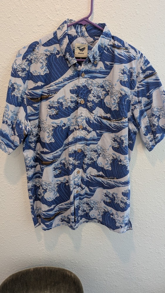 Yiume Hawaiian Shirt Mens Medium Japanese Ukiyo-E Short Sleeve Camp Button