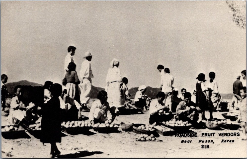 Vintage Real Photo Postcard: Roadside Fruit Vendors Near Pusan, Korea