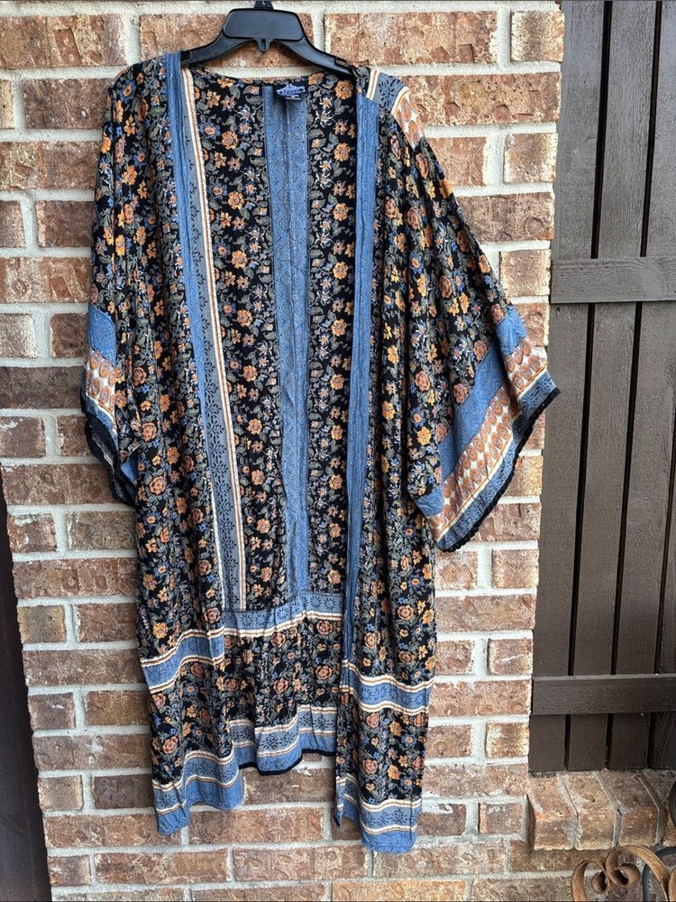 ANGIE Floral Boho Kimono/duster Cardigan in Black and Rust size M