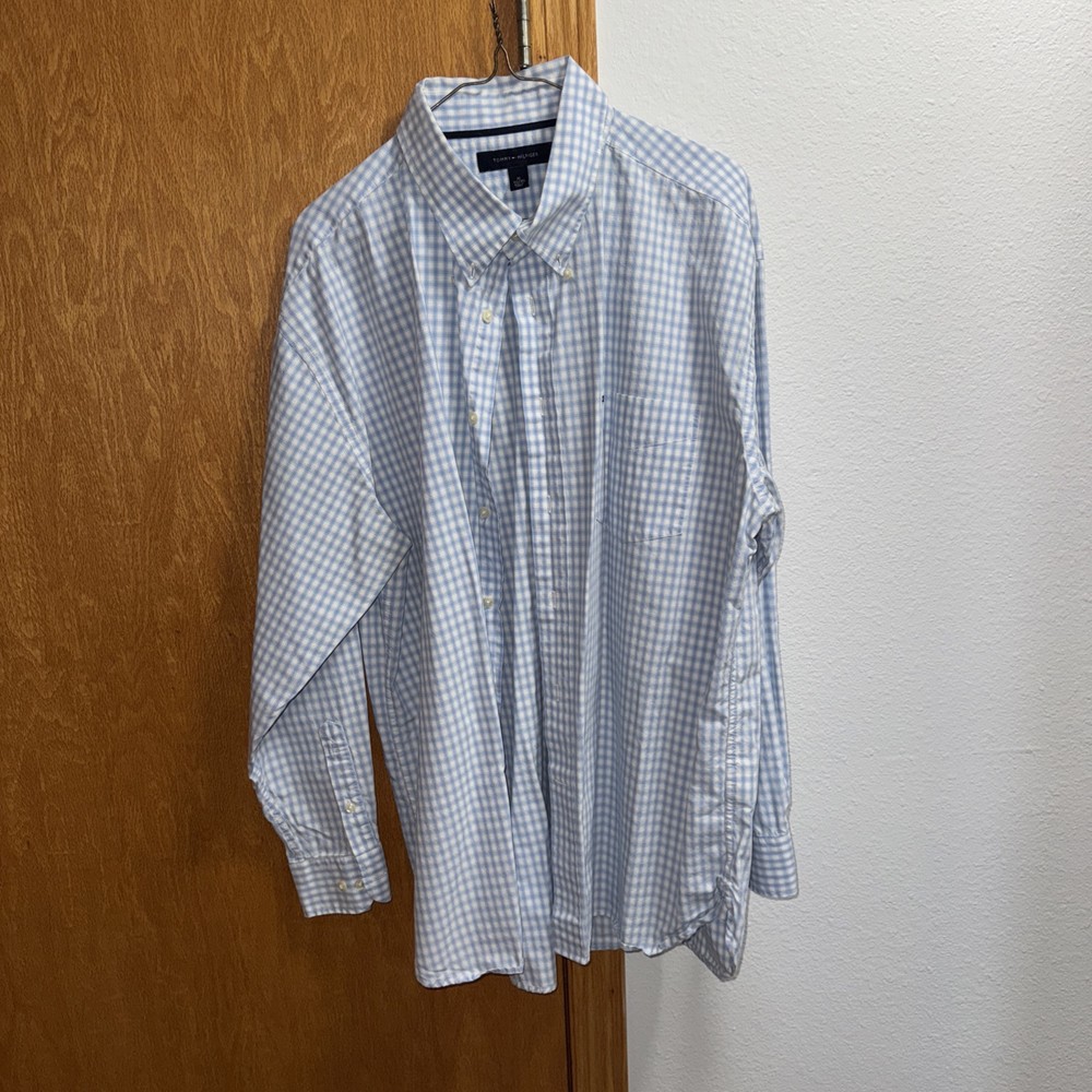 Tommy Hilfiger Men's Slim Fit Blue White Check Stretch Dress Shirt XL