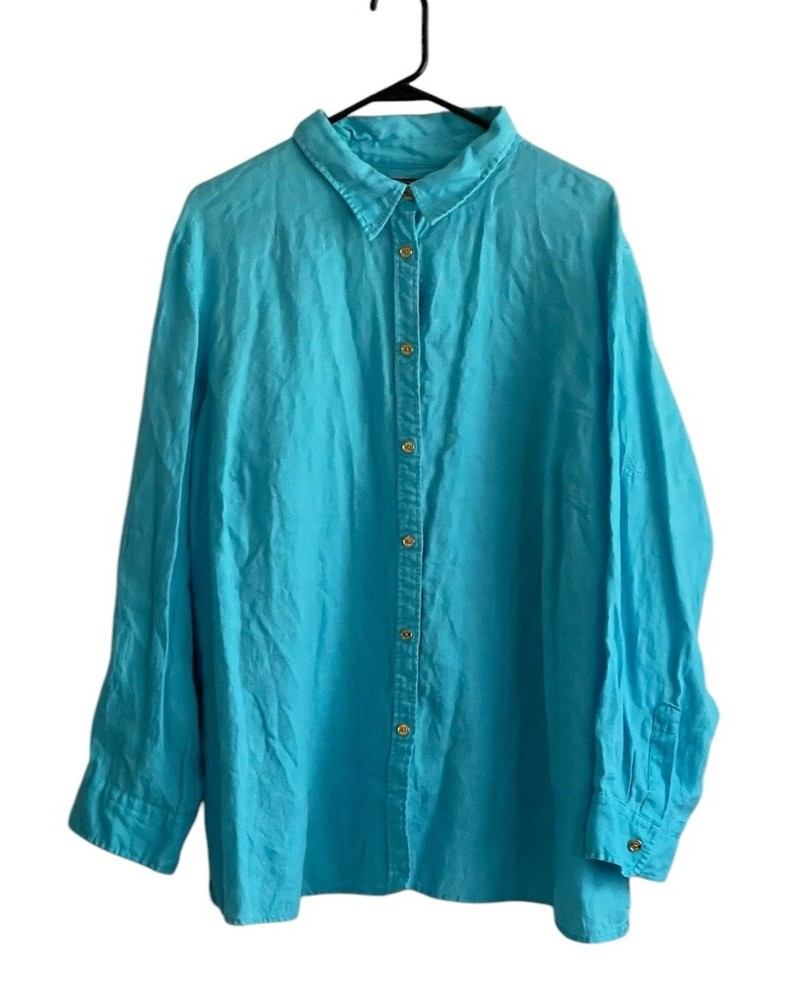 CHAPS Womens 3X Blue 100% Linen Button Up Shirt Gold Buttons Classic