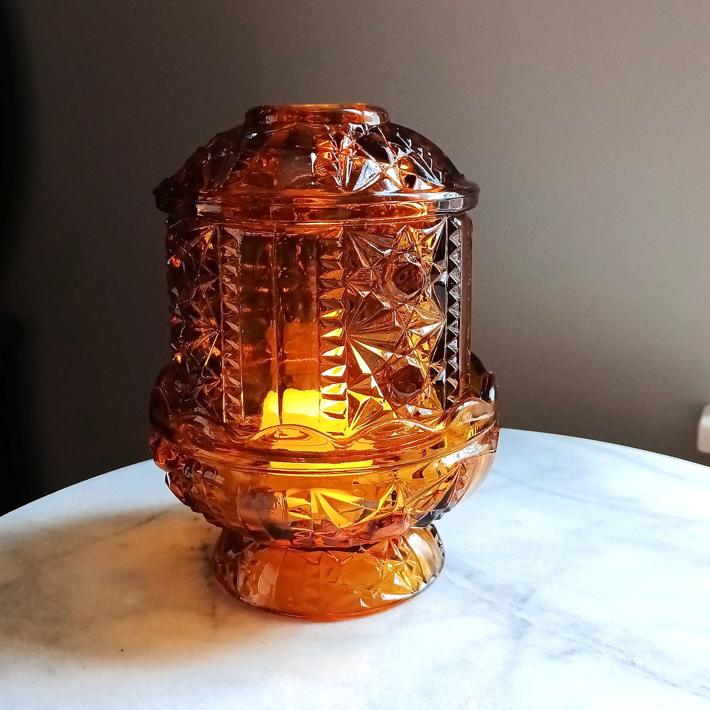 Vintage Indiana Glass Amber Stars & Bars Fairy Lamp Outstanding Condition