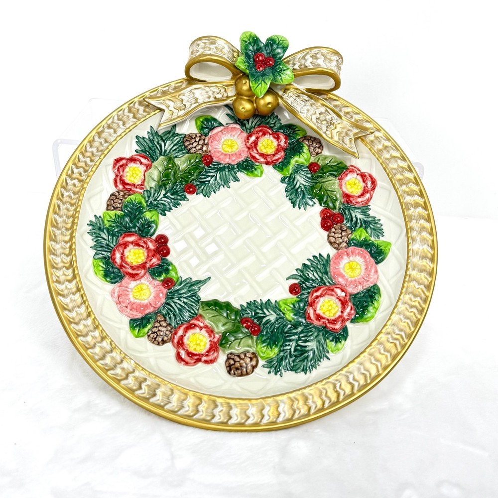 Fitz and Floyd Classics Christmas Raised Ribbon Wreath Canape Plate Red Vintage
