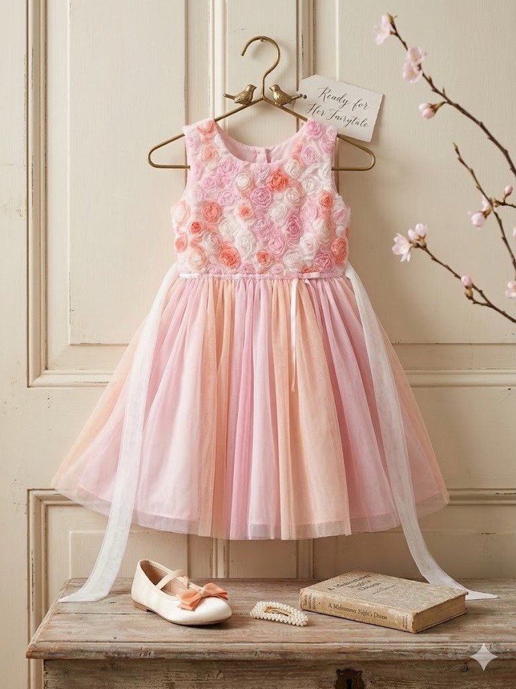 Size 6 Girls Pastel Peach Pink Rosette Tulle Tutu Dress - Flower Girl Party