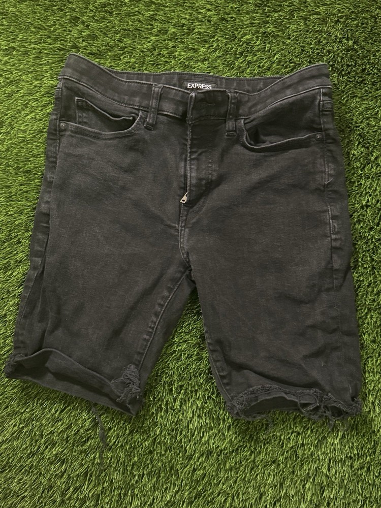 Express Black Denim Shorts Mens 30 Distressed Frayed Hem Slim Fit