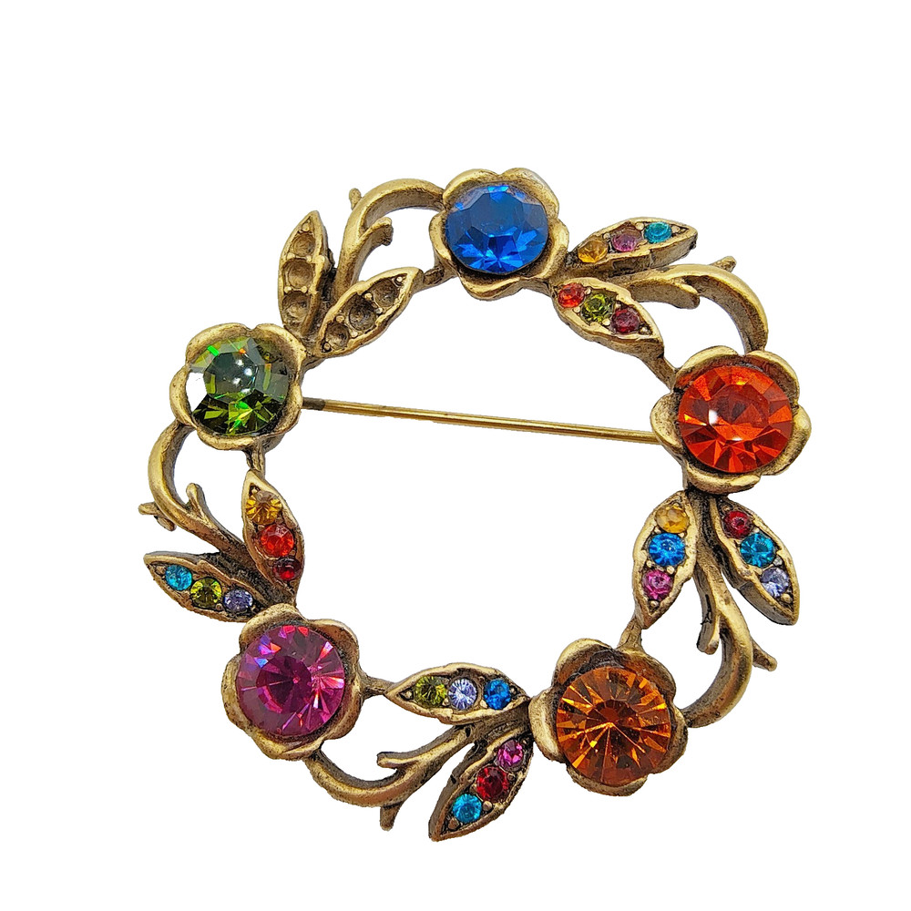 Vintage Art Nouveau Style Wreath Brooch Gold Tone Multicolor Rhinestone READ