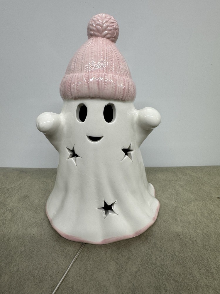 Ceramic Light Up Ghost Halloween Decoration Pink Knit Winter Hat