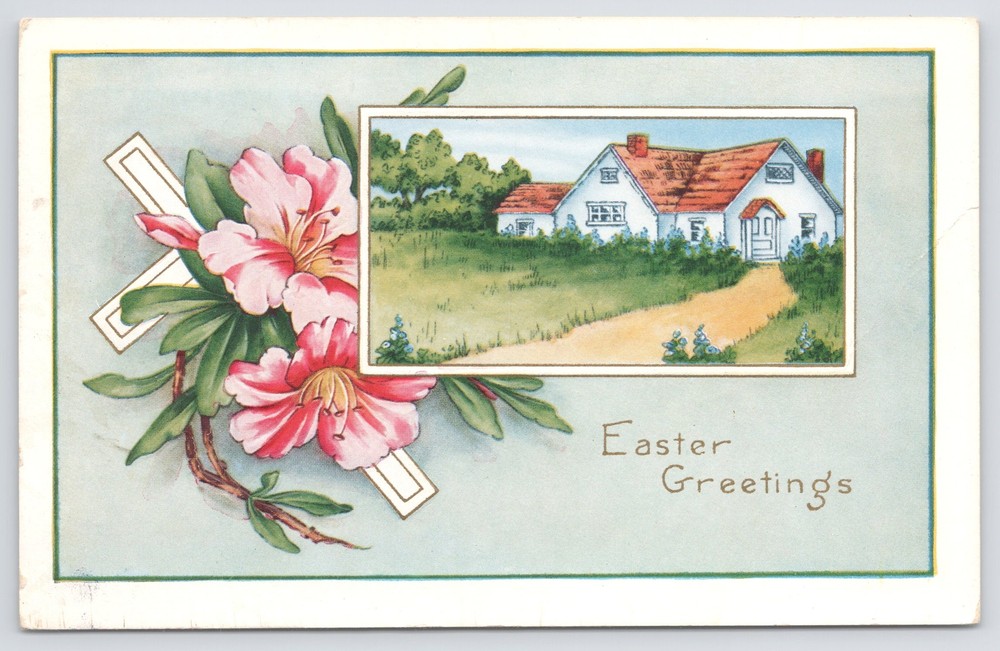 Easter~White-Gold Cross Under Pink Lilies~Inset Home~Emboss~Whitney Made~Vtg PC