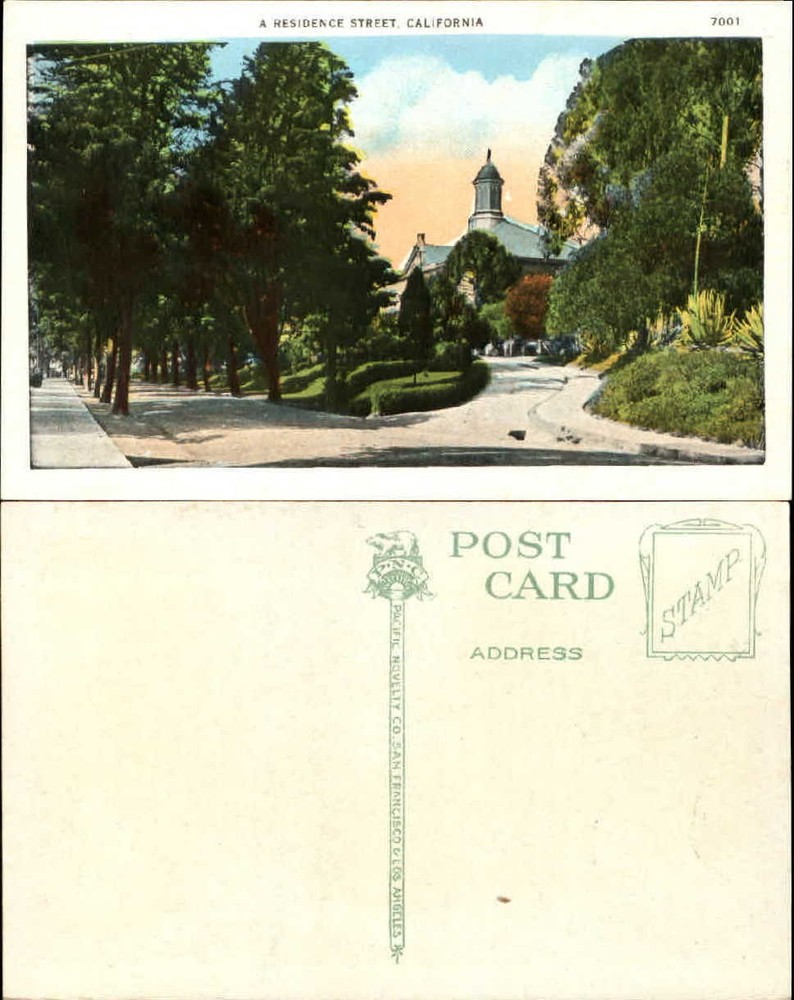 Residential Street in California ~ 1920s Pacific Novelty postcard ~ unused