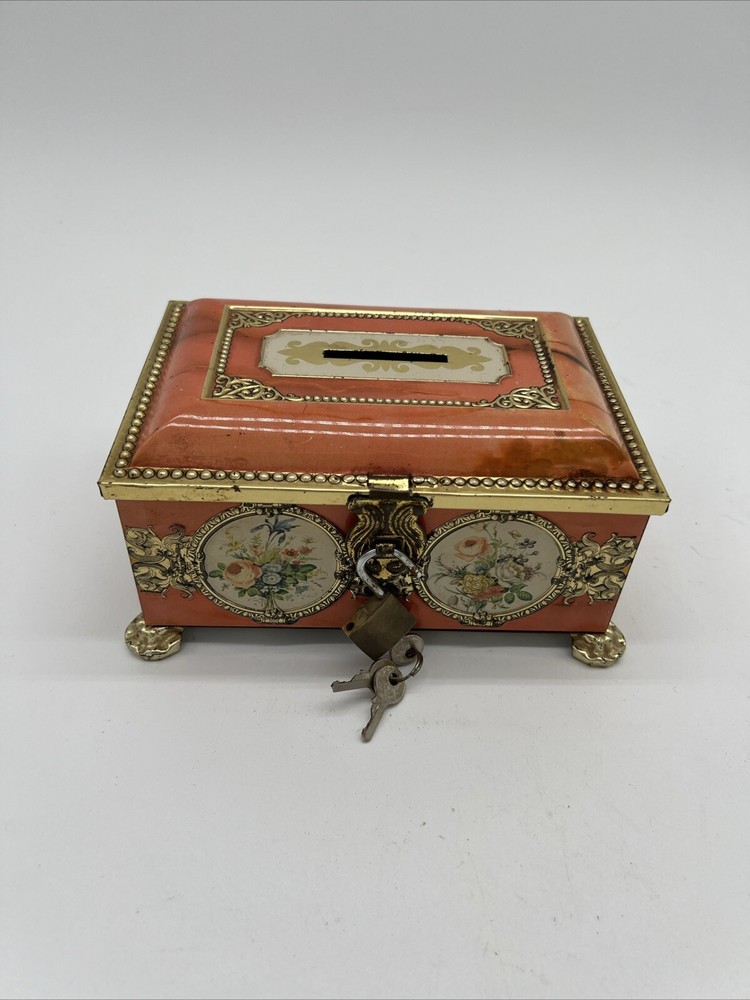Vintage Klann Quality Made in Western Germany Lockable Trinket Box Peach Floral
