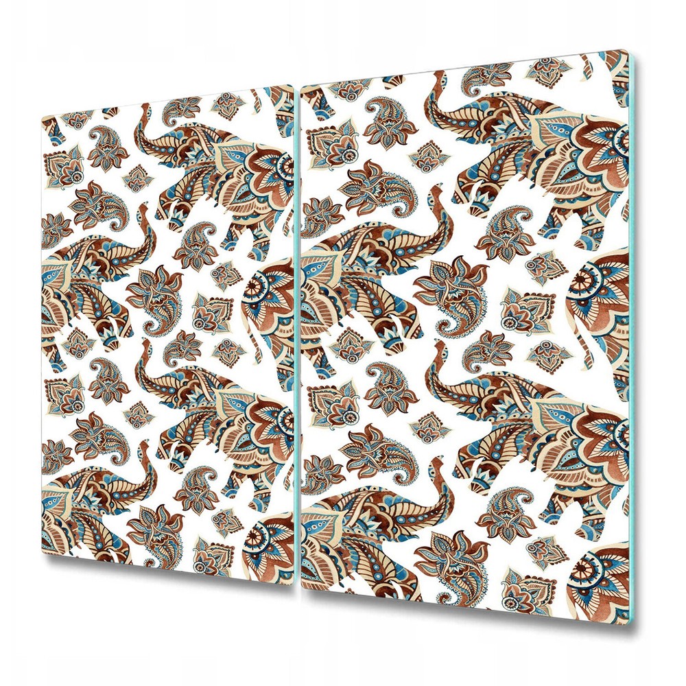 Glass Induction Cover ethnic elephant with paisley brown & blue 2x30x52