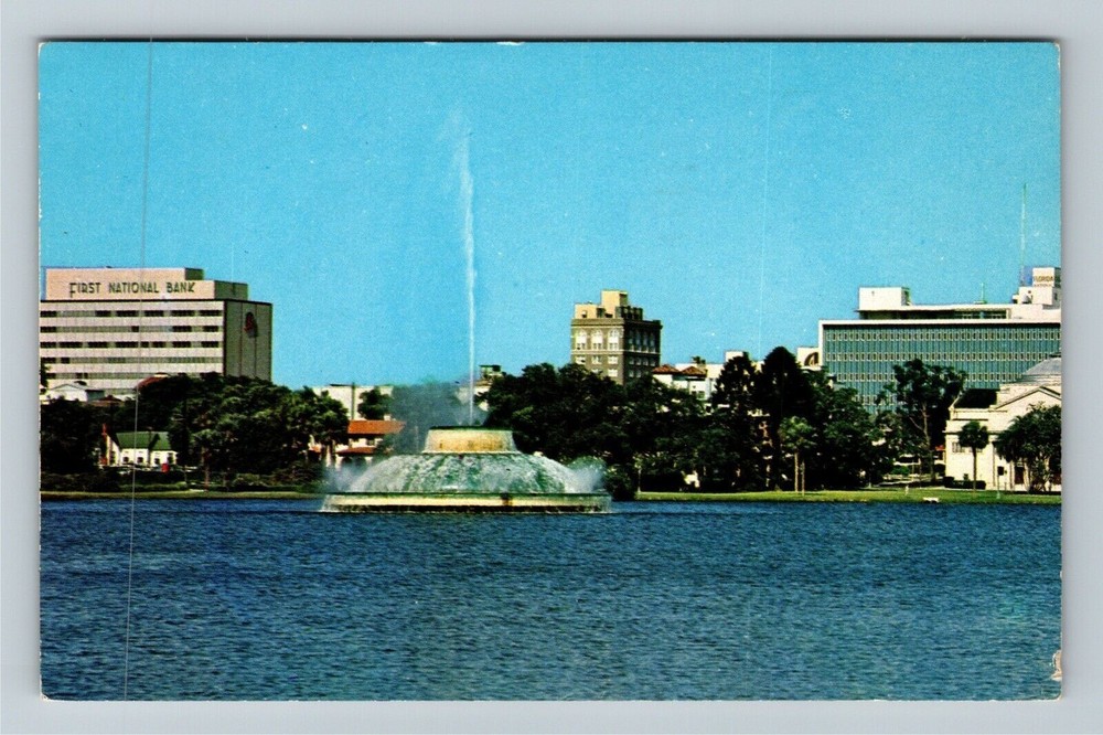 Orlando FL-Florida, Centennial Fountain Lake Eola, Skyline Chrome c1964 Postcard