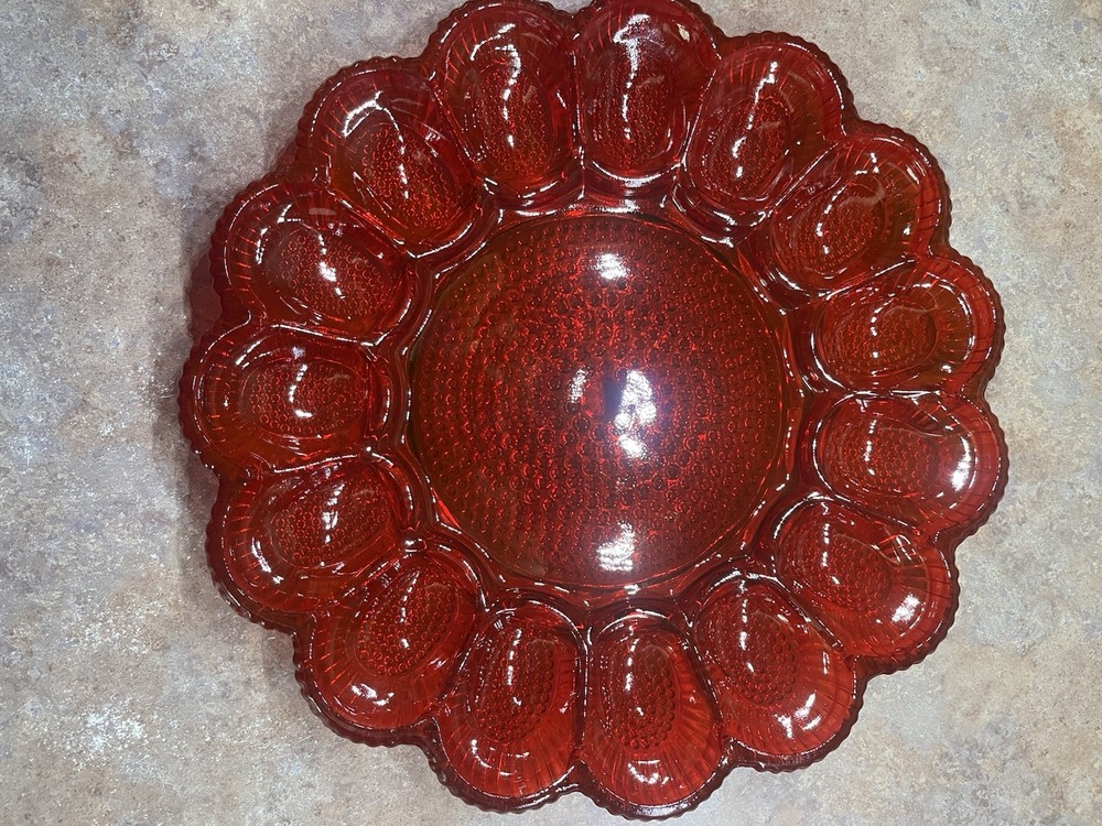 Vintage Indiana Glass RARE Red Hobnail Flashed Egg Dish Plate