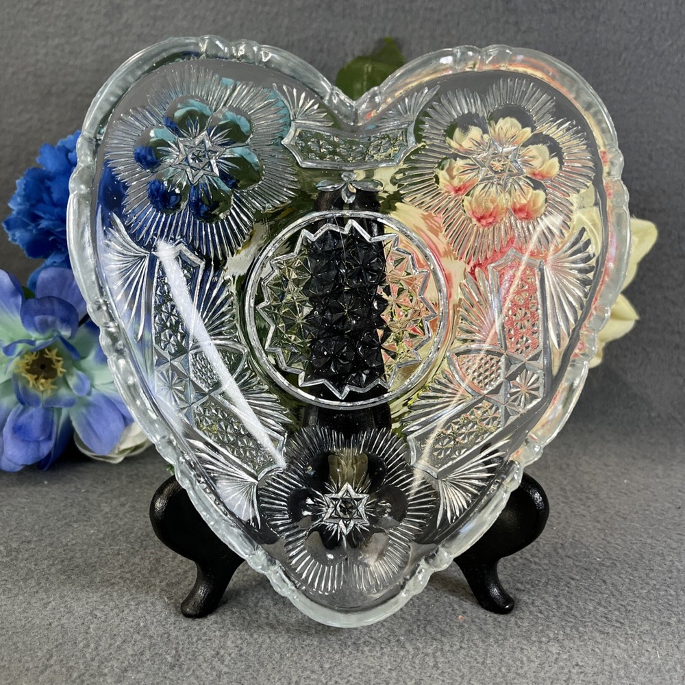 Clear Glass Heart Shaped Candy Bowl Trinket Dish Flower Design