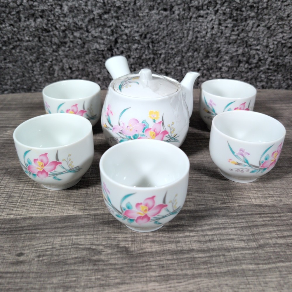 VTG Bunho-gama (6) Kyusu Teapot Cups Pink Orchid Japanese Porcelain Tea Set EUC