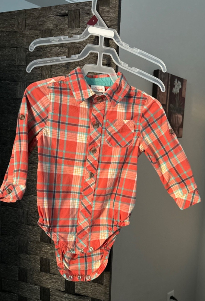 Baby Cat & Jack Boy's 12M Orange Plaid Button Bodysuit with Fasteners