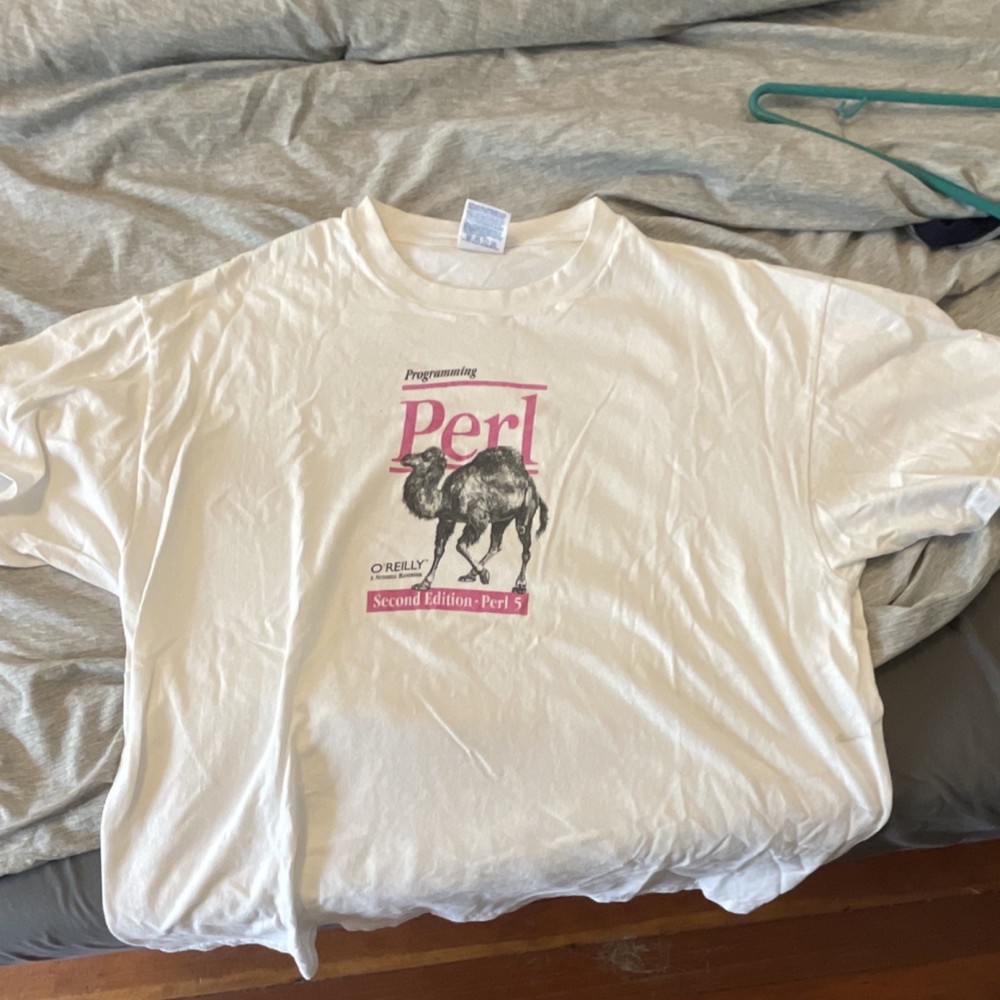 Hanes Beefy-T XL White Programming Perl Graphic Cotton Crew Neck Men's T-Shirt