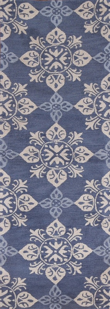 Geometric Navy Blue Traditional Runner  Rug Hand-Tufted Wool Carpet
