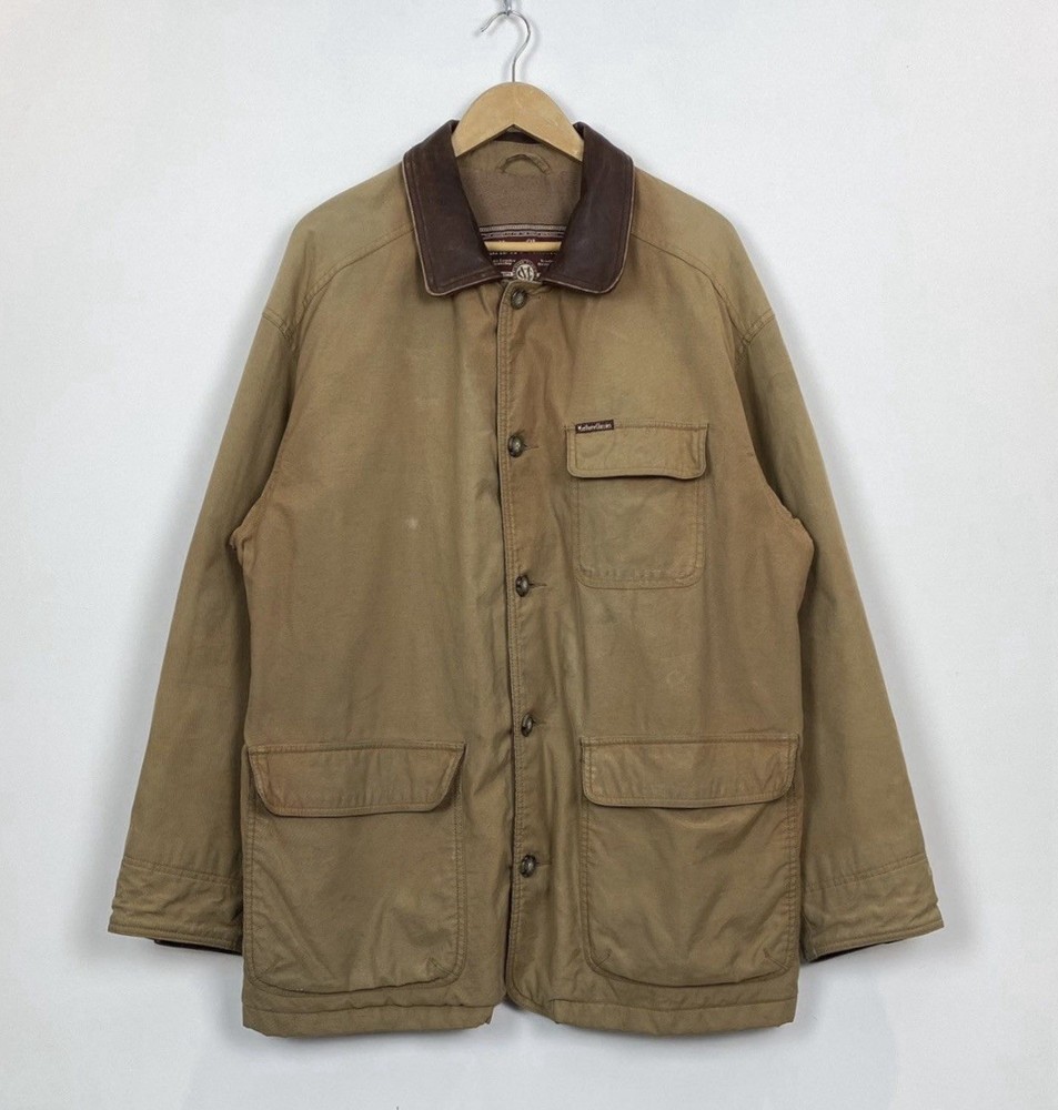Vintage Marlboro Classics Full Zip Coat Jacket Mens Size XL Beige Leather Collar