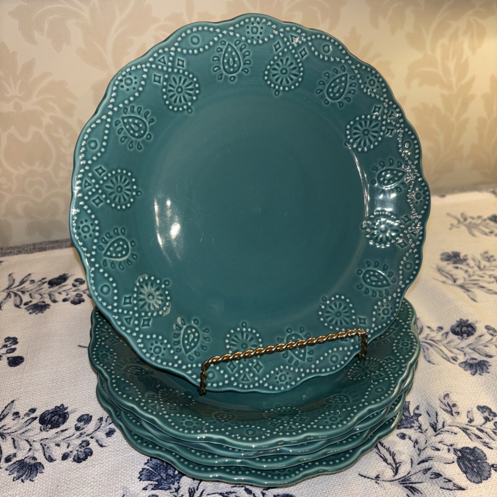 Set Of 5  Pioneer Woman Cowgirl Lace Teal Salad Plates 8 1/2” inches