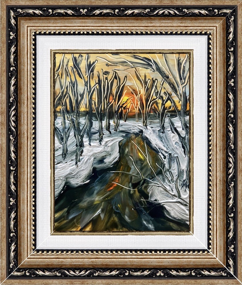 Framed Sunset Winter Landscape Oil Painting Trees Along The River Stream Artwork