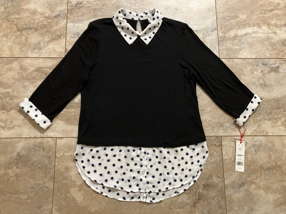 NWT Elle Women Size S Black & White 2-Fer Blouse Shirt Top