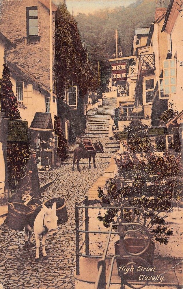 Clovelly High Street Bideford England Donkey Mule New Inn Vtg Postcard C29