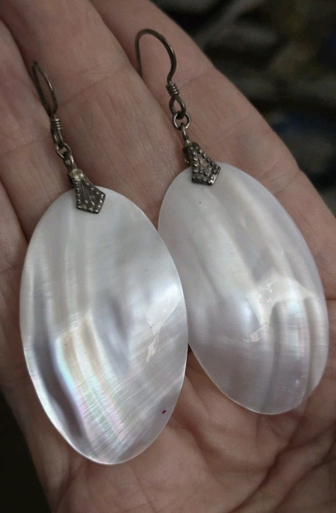 Vintage Sterling Silver Mother Of Pearl Earrings Nice Patina .925 Large Oval
