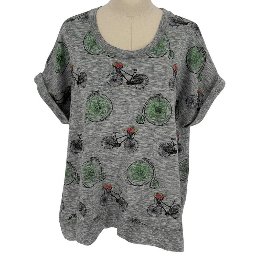 Style & Co Sport Bicycle Print Sweatshirt Gray Short Sleeve Rolled Cuff 1X