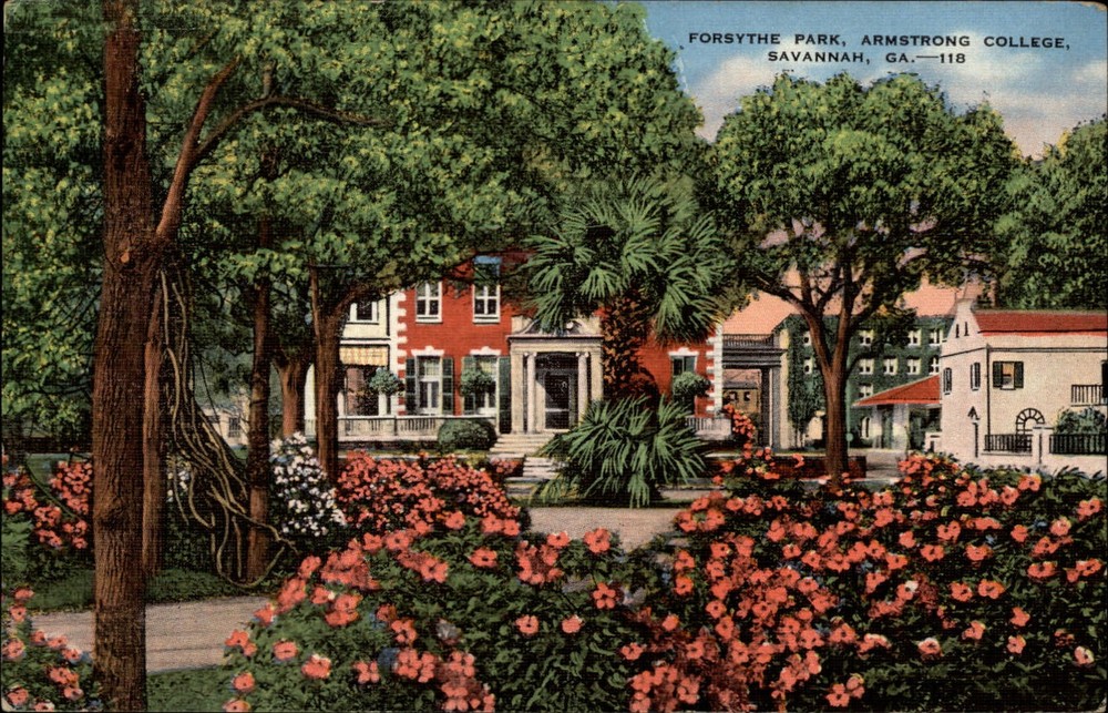 Savannah Georgia ~ Armstrong College ~ Forsythe Park ~ linen postcard sku607