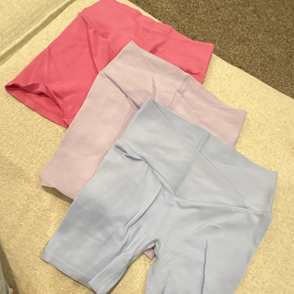 No Boundaries Women's Knit Biker Shorts stretch 3 pack of pink, Purple, and Blue