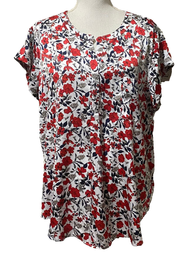 Pre-Owned Liz Claiborne Top Floral Short Sleeve Split Crew Neck Blouse XXL Red