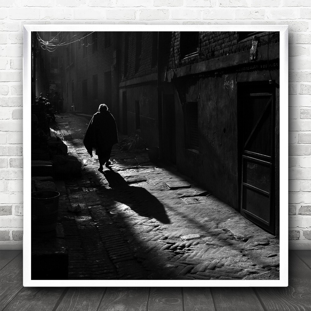 B&W Shadow Person Street Alley Light Backlight Untitled Square Wall Art Print