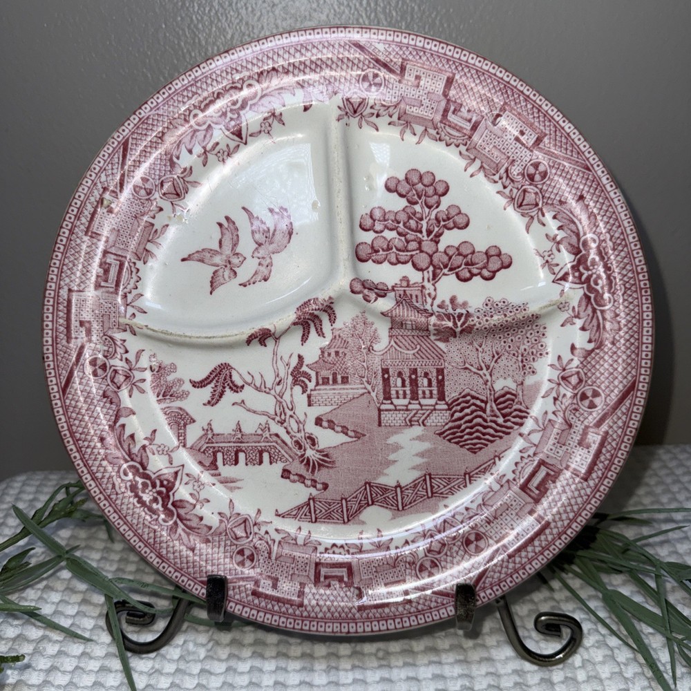 Vintage Pink Rosa Red Willow Divided Dinner Plate Outdoor Scene, Birds, USA￼