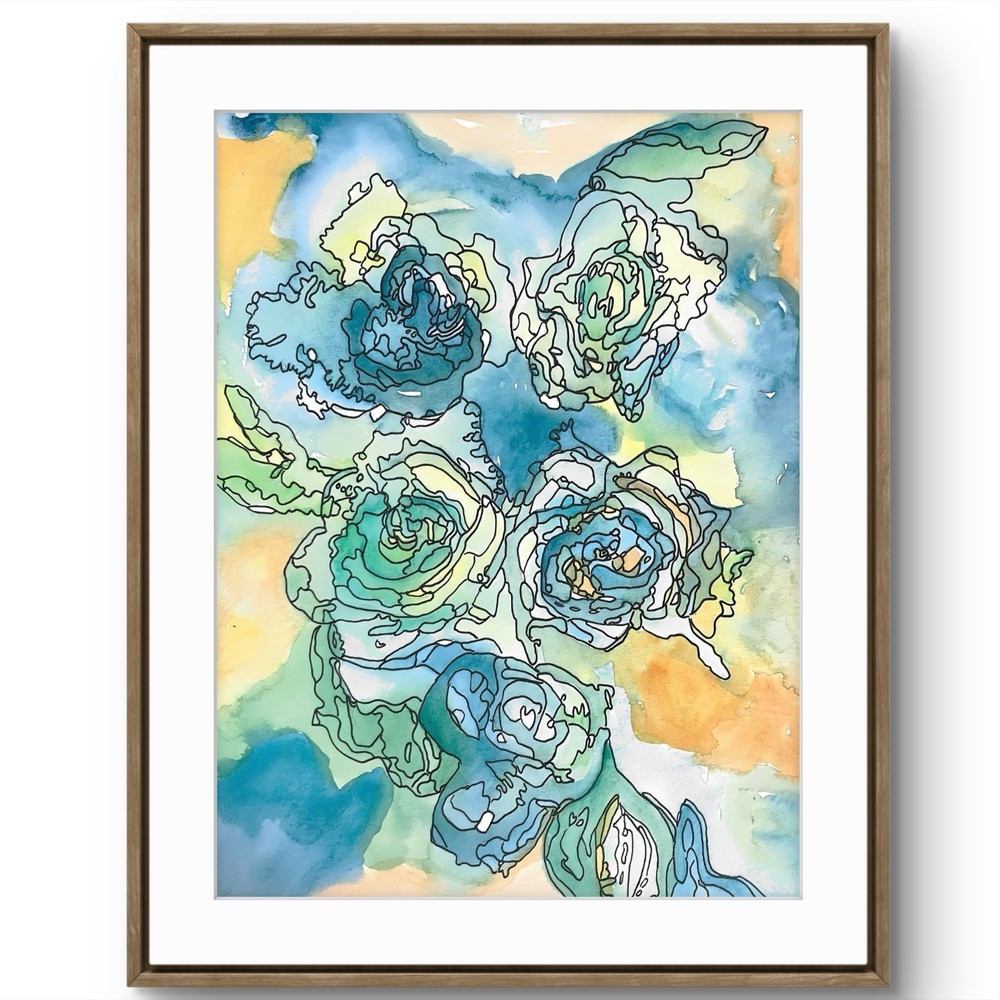 TITA PAINTZ Blue Roses Watercolor and Ink Hand Painted Art 9x12 Home Decor