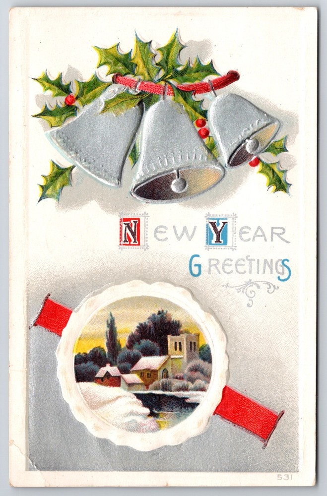 Silver Bells with Holly New Year Greetings c1910 Portland OR Embossed Postcard
