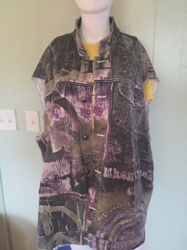 Vintage Art To Wear Denim Vest Unisex 3X Purple Abstract Graphic Grunge Shacket-image