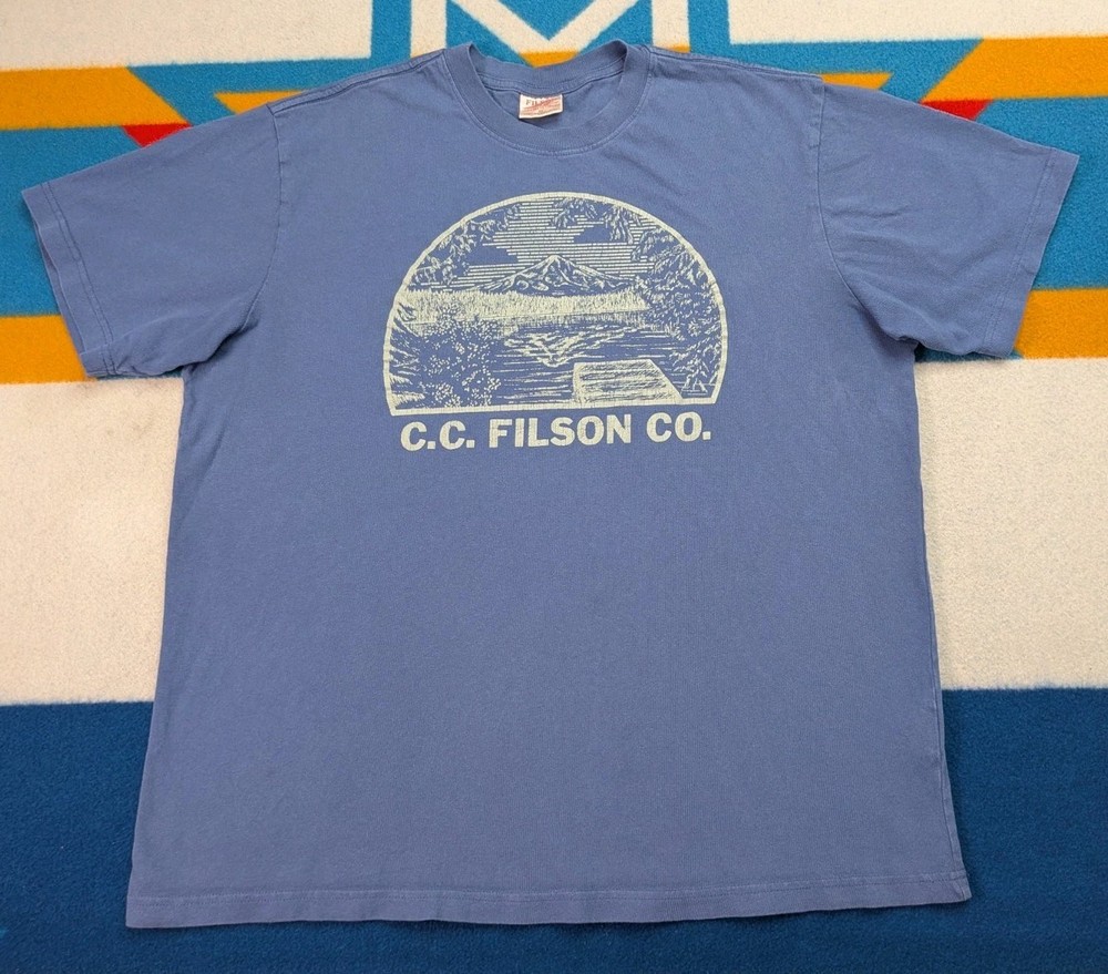C.C. Filson T Shirt Graphic Tee Hunting Hiking Mountain Fishing Seattle Blue XL