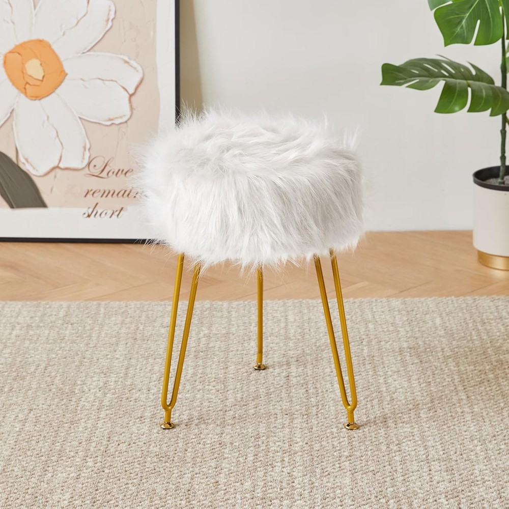 Faux Fur Vanity Stool Chair Furry Makeup Ottoman Round Footrest White