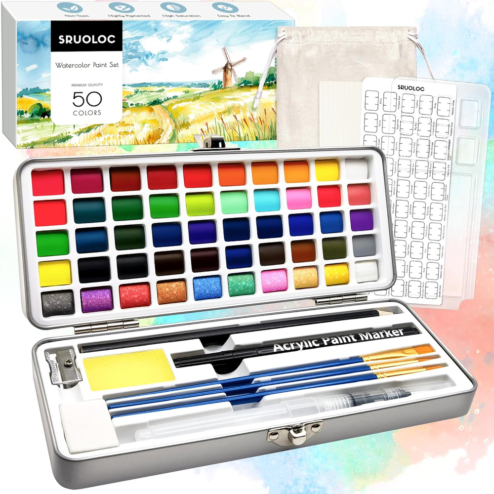 Watercolor Paint Set 50 Colors, Travel Watercolor Set with Portable Carrying Cas